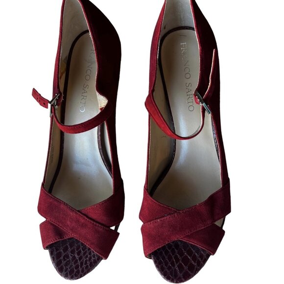Franco Sarto Women’s Size 9.5 M Heels Maroon & Red Suede Snake Skin Peep Toe - Picture 2 of 11